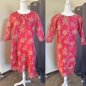 Jay-Sha Women XXL Pink Floral Kurta Tunic 3/4 Sleeve Button Front Indian Style